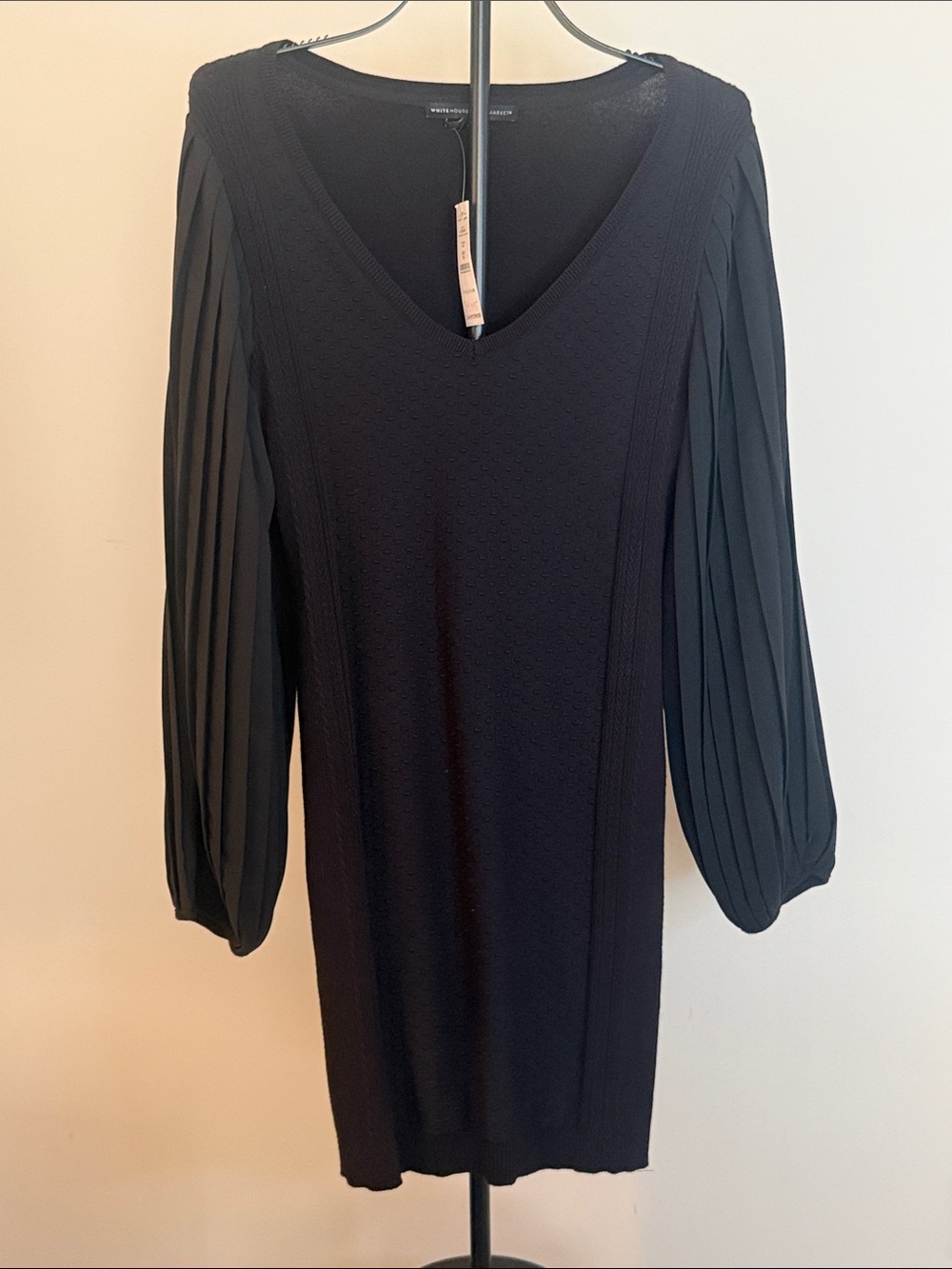 White House Black Market Black V-Neck Long-Sleeve Pleated-Sleeve Dress